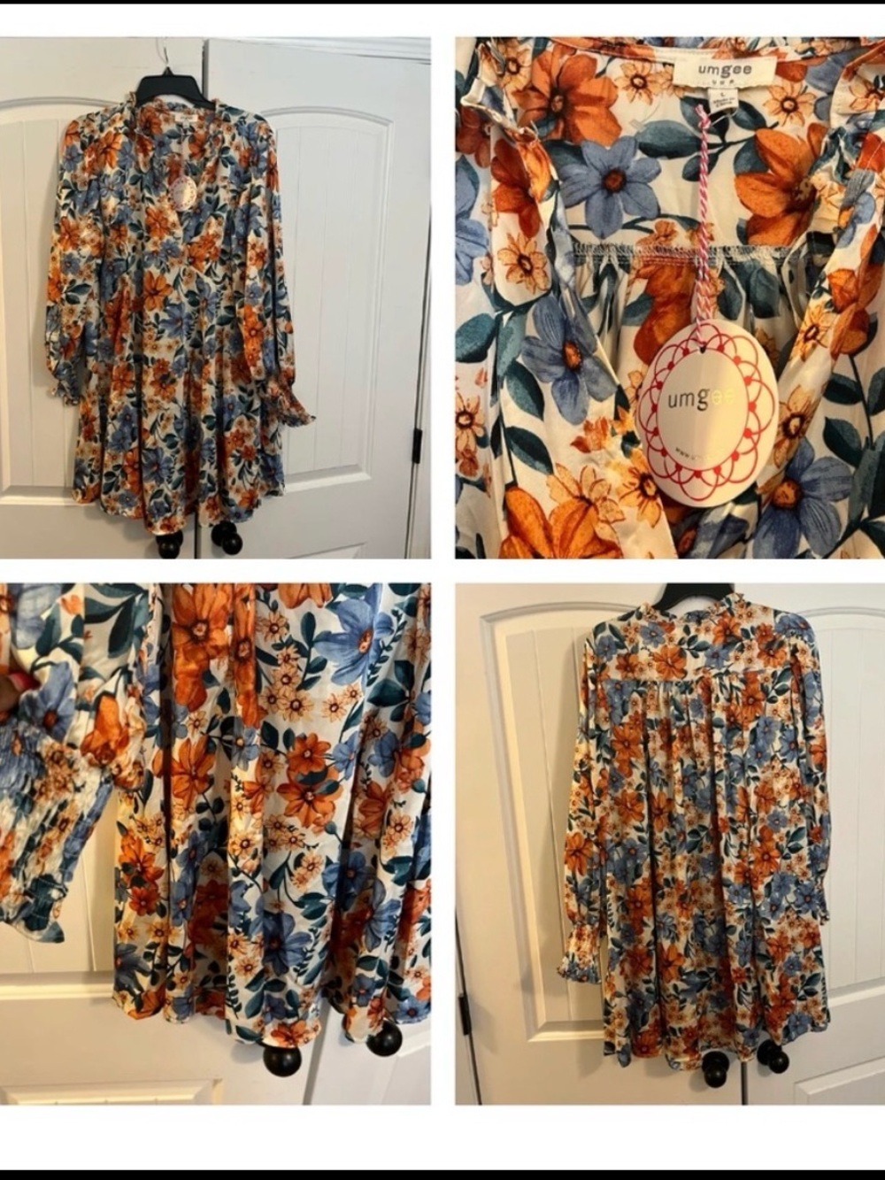 Umgee Floral Mini Dress in Cream, Blue & Orange - Picture 2 of 4